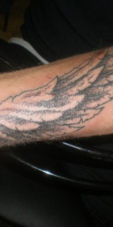 Татуировка в виде птичьего крыла, выполнена в традиционной теневой технике
